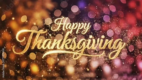 Happy thanksgiving animation celebration drawing text, gold animated text with bokeh colorful background