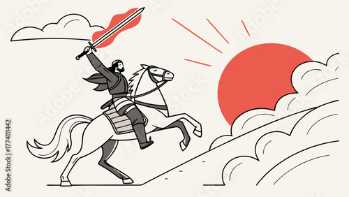 Triumphant Warrior on Horseback with Sword Against Red Sun Background