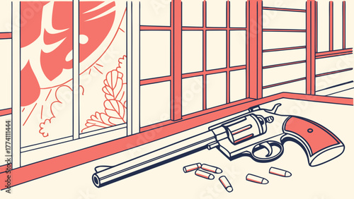 Vintage Revolver and Ammunition on Table with Japanese Screen Background Illustration