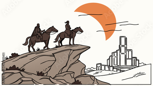 Horsemen on a cliff surveying a stylized city at sunset, adventure travel illustration