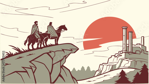 Adventurers on horseback on cliff overlooking ancient ruins at sunset, epic journey and exploration illustration