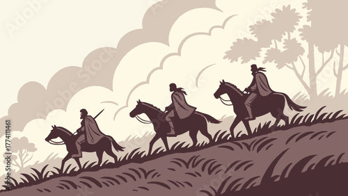 Three cloaked riders on horseback ascending a grassy hill under a cloudy sky, illustrating a journey or adventure.
