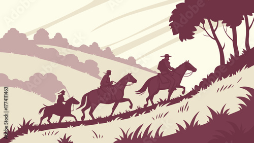 Western Horseback Riders Journeying Uphill Through Rolling Hills - Silhouette Illustration