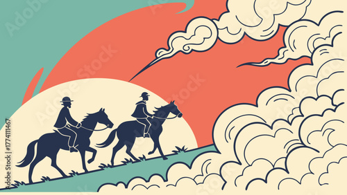 Vintage style illustration of two riders on horseback ascending a hill against a dramatic sunset sky