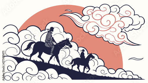 Nomadic Horse Riders Journeying Uphill Against Stylized Clouds and Sun in Traditional Asian Art Style Illustration