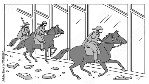 Three horsemen in historical attire ride through an urban street littered with debris, depicting chaos or a chase.