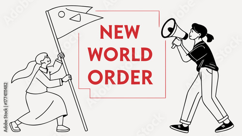 Social change illustration: figures with flag & megaphone announcing "New World Order" concept
