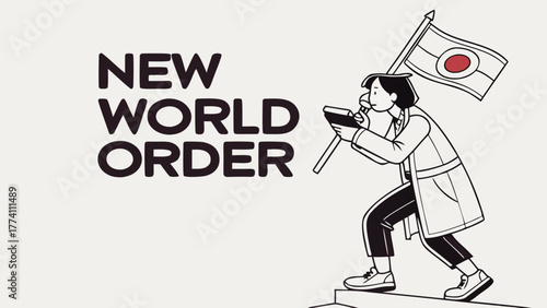 New World Order Concept: Person with Flag and Tablet Ascending Steps, Global Future Vision