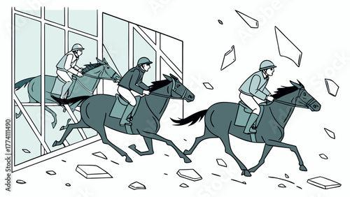 Dynamic illustration: Racehorses and jockeys burst through a glass wall, shattering barriers and creating disruption.