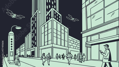 Futuristic Urban Night Scene with Drones and Pedestrians, Modern City Life Illustration