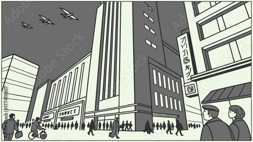 Grayscale City Street Illustration: Tall Buildings, Busy Pedestrians, Bicycle Rider, and Airplanes Overhead