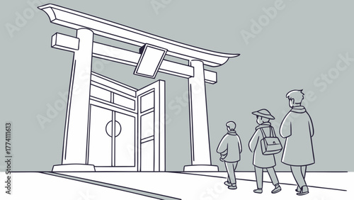 Family approaching traditional Japanese Torii gate and shrine. Cultural travel illustration.