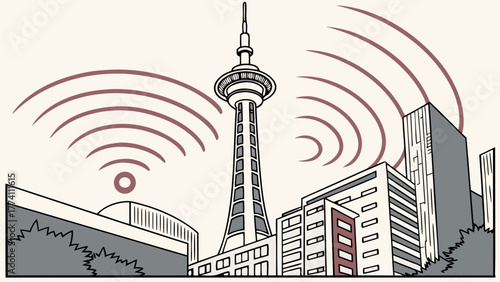 Urban Communication Tower Transmitting Wireless Signals in Cityscape Illustration