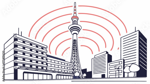 Urban Communication Network: Tower Broadcasting Signals Across City Buildings