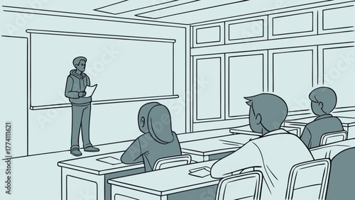 Classroom presentation with student speaking to classmates, education concept illustration