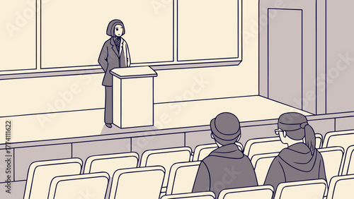 Speaker at podium in lecture hall, presenting to an audience. Educational or business conference illustration.