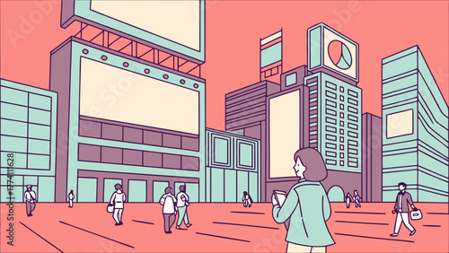 Vibrant City Street Illustration with Blank Digital Billboards and Pedestrians