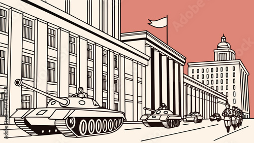 Military parade with tanks on a city street in front of government buildings, retro illustration