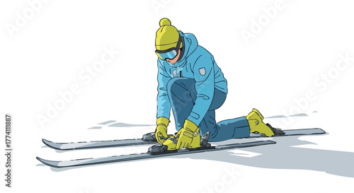 Skier kneeling in snow while adjusting binding releases in winter  