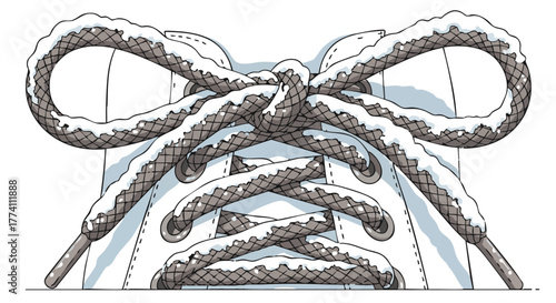 Close-up of shoelaces covered in snow on winter shoes  