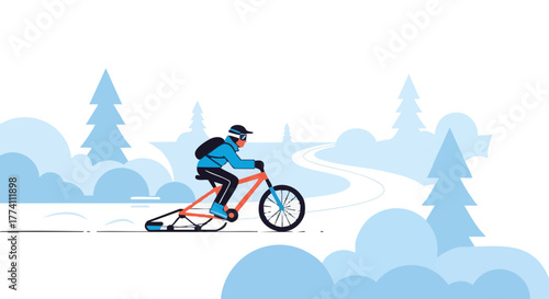 Man riding snowbike on trail through winter forest scenery  
