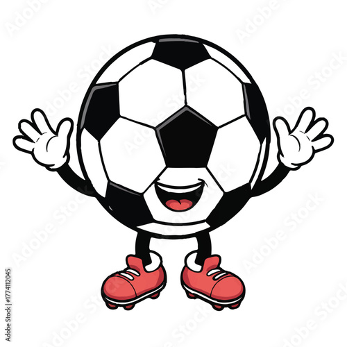 Cartoon soccer ball character with arms and legs isolated on white background