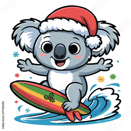 Cute koala surfing on a wave wearing a santa hat isolated on white background