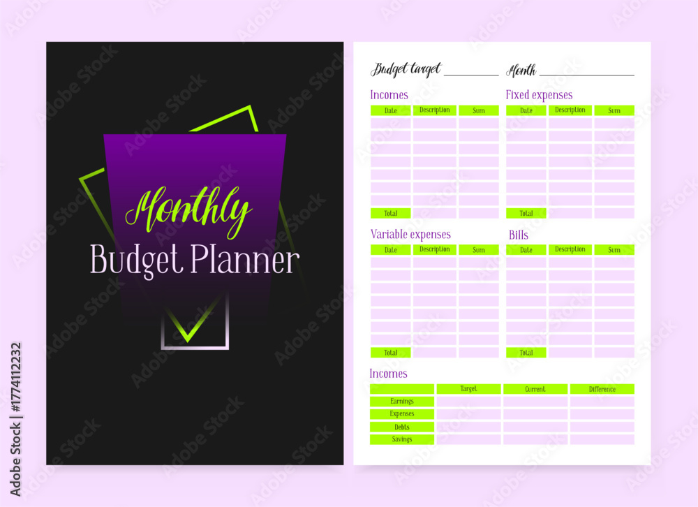 Fototapeta premium Monthly budget planner in a dark black color style