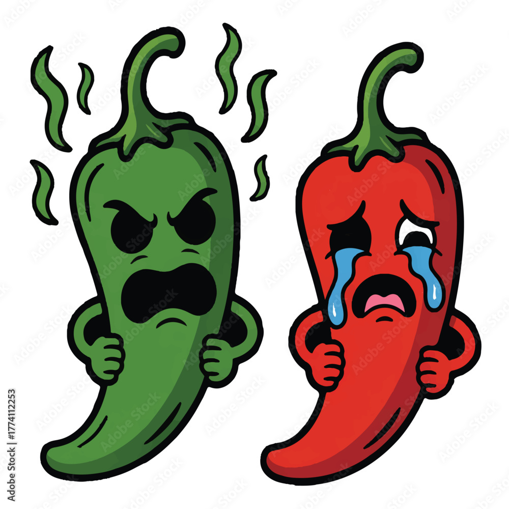 Fototapeta premium Two cartoon chili peppers with different emotions isolated on white background