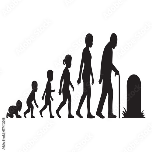 Silhouette of human life cycle from baby to grave isolated on white background