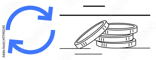 Two curved arrows in blue beside stacked sketch-style coins, symbolizing money flow, exchange, or process efficiency. Ideal for finance, savings, investment, commerce, trade banking simple flat