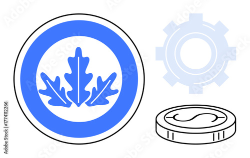 Blue circular oak leaf design paired with a coin and gear to represent nature, financial systems, and mechanical progress. Ideal for sustainability, eco-business, innovation, technology, investment