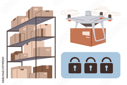 Stacked cardboard boxes on shelves, quadcopter carrying package, digital lock panel. Ideal for logistics, delivery, technology, security, inventory e-commerce innovation concepts. Simple flat