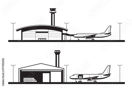 Passenger and cargo airplanes at airport terminal - vector illustration
