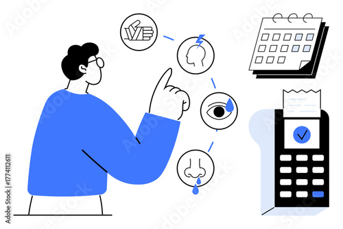 Man points at interconnected cognitive icons symbolizing senses and decisions, alongside a calendar and payment terminal. Ideal for planning, decision-making, process management, mental health