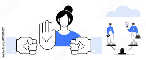 Woman with raised hand halting disputes, scales balancing individuals, symbolizing equality, fairness, teamwork. Ideal for leadership, conflict resolution, workplace ethics, equality empowerment