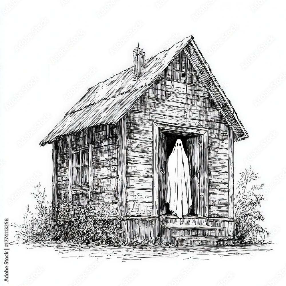 Obraz premium An eerie wooden house with a ghostly figure at the door, capturing a vintage Halloween spirit. Perfect for haunted themes and spooky designs, bringing a touch of the paranormal.
