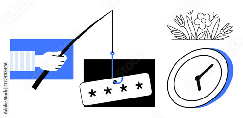 Hook catching password, analog clock tilted softly, and flower bouquet blooming. Ideal for cybersecurity, time management, digital protection, growth, awareness campaigns, education simple flat