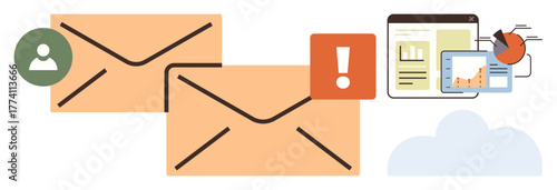 Two yellow envelopes, user avatar, notification alert, analytics tools, graphs, and cloud icon. Ideal for email strategy, communication, alerts notifications data analytics teamwork business