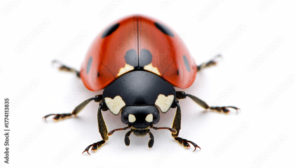 Fototapeta premium Macro photograph of a vibrant red ladybug with black spots against a clean white background, showcasing intricate details of its shell and legs