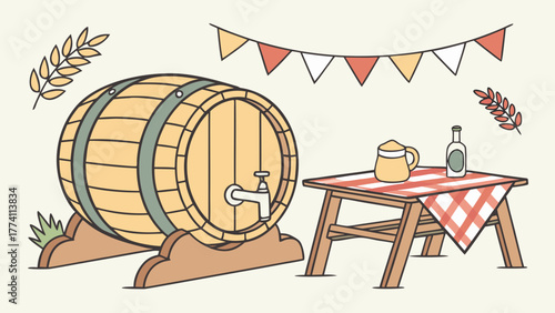Celebrate oktoberfest with beer barrel picnic table and party decorations for a festive gathering scene