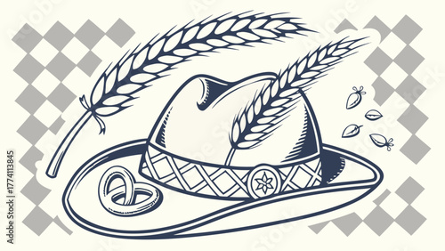 Oktoberfest vector art illustration with hat pretzel and wheat for german beer festival design element
