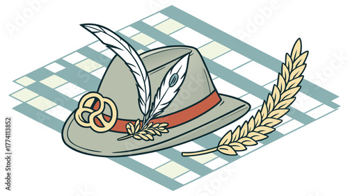 Oktoberfest hat with pretzel and feathers german bavarian tradition festival celebration vector graphic