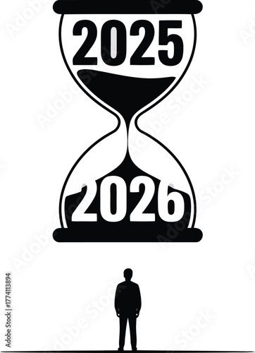 Hourglass with 2025 and 2026 dates and silhouette of man
