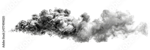 A dramatic cloud of smoke billowing against a transparent background, creating a sense of movement and intensity, ideal for use in digital art and design projects