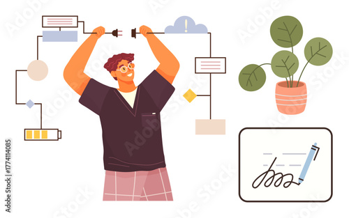 Smiling person adjusting connected workflow charts, battery icon, signature pad, and plant. Ideal for productivity, workflow management, creativity, innovation, efficiency organization motivation