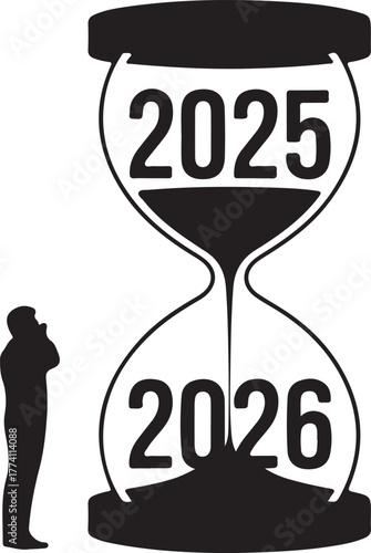 Silhouette man looking at hourglass with years 2025 and 2026