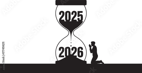 Hourglass with 2025 and 2026 numbers and praying person