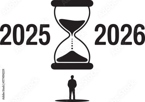 Hourglass with 2025 and 2026 numbers and silhouette of person