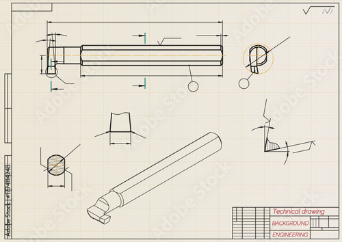 Mechanical engineering drawings on light background. Cutting tools, milling cutter. Technical Design. Cover. Blueprint. Horizontal seamless pattern. Vector illustration.